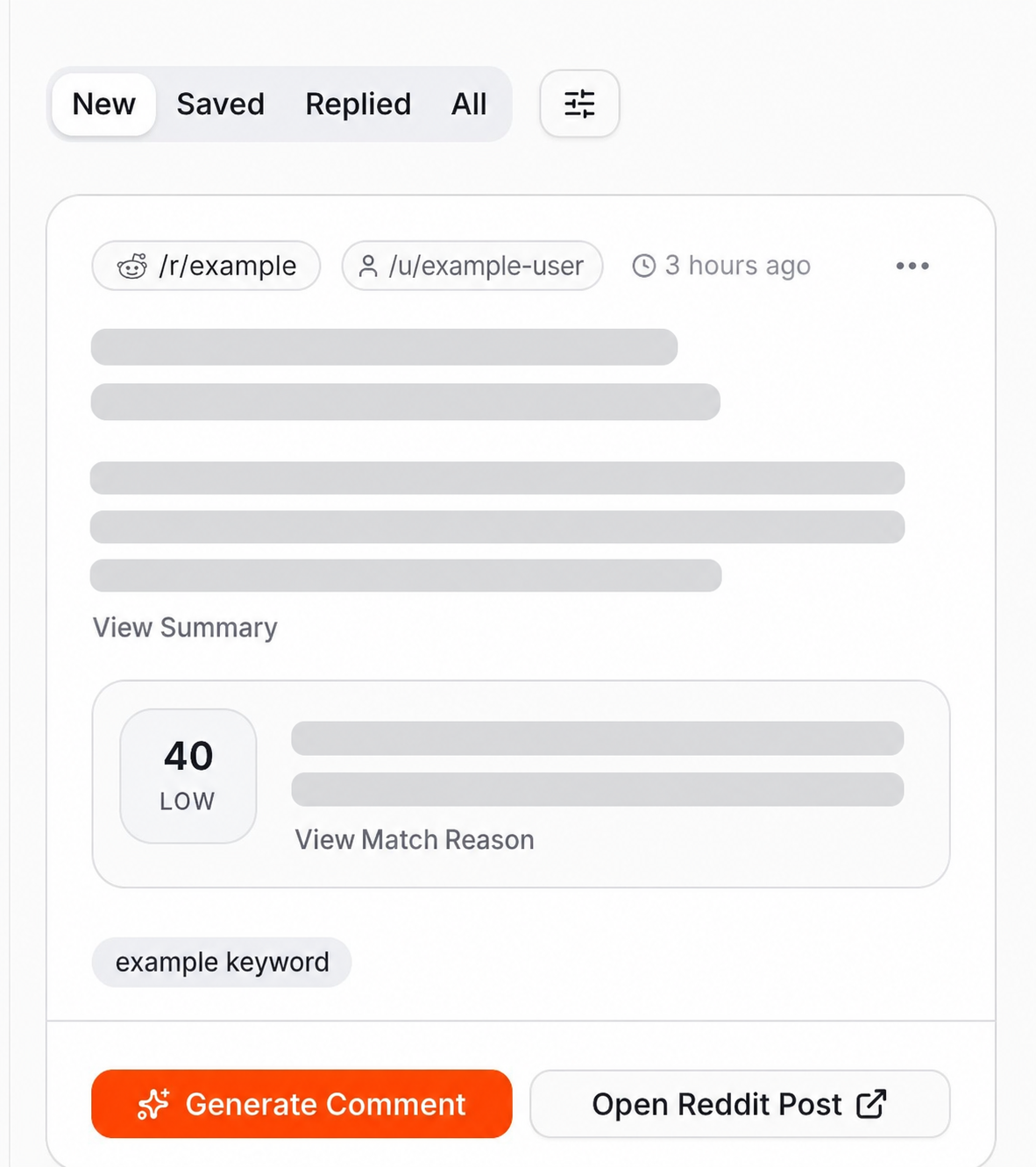A redacted opportunity with its AI summary, relevance score, and reply action