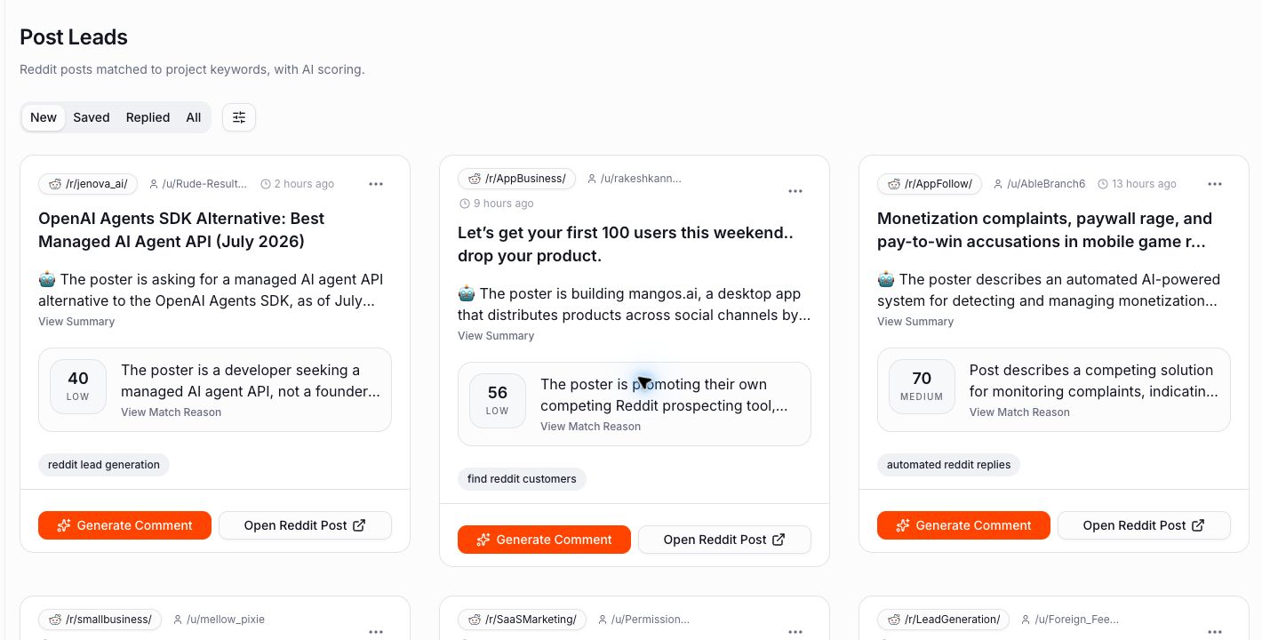 The Post Leads inbox with workflow tabs, relevance scores, and review actions