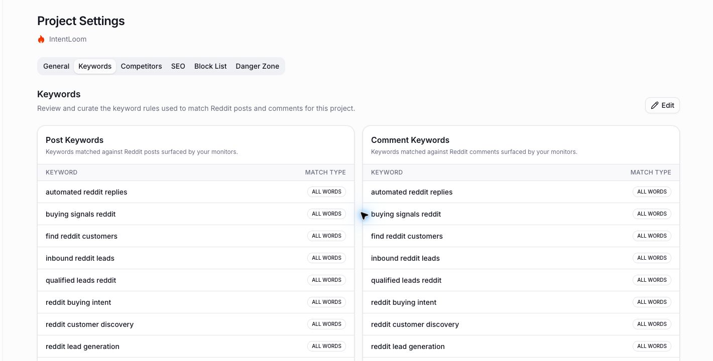 Separate keyword rules for Reddit posts and comments