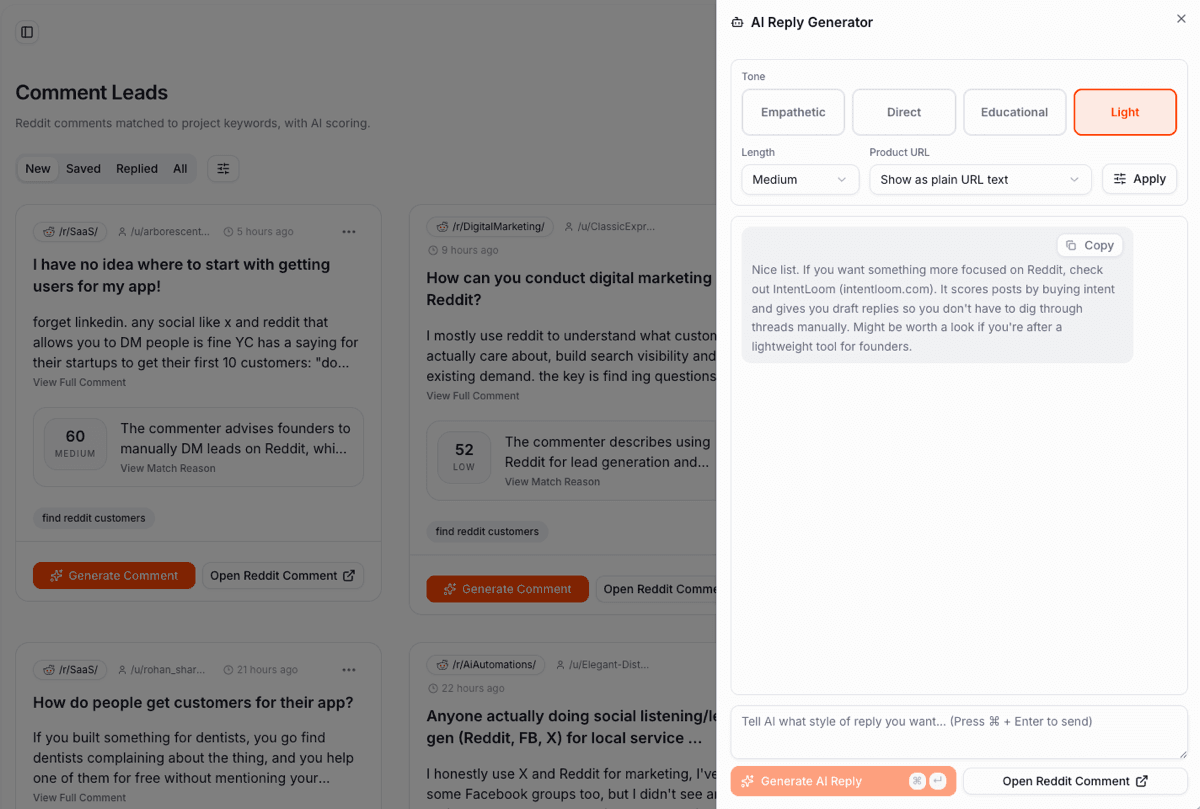 IntentLoom AI Reply Generator showing tone controls and a draft Reddit reply ready for human review.