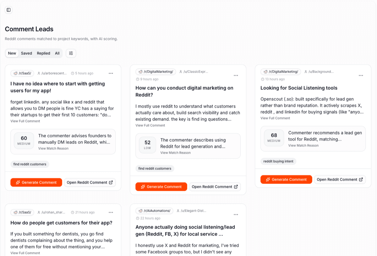 IntentLoom Comment Leads page showing matched Reddit comments, AI scores, and match reasons.